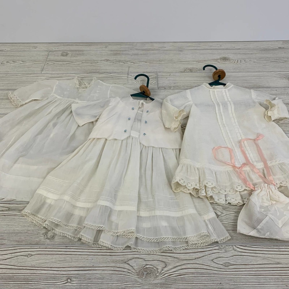 Bundle of 3 Vintage White Baby Girl Dresses with Small Drawstring Purse (HG)